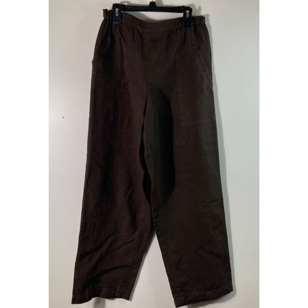 Womens Shirin Guild Wide Straight Leg Linen Pants Stretch Waist Pockets S Brown